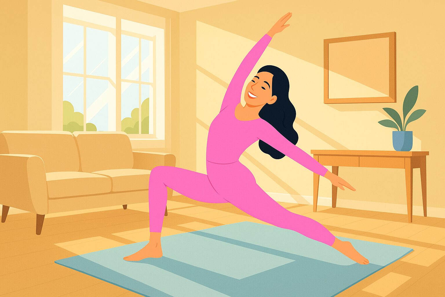 A cartoon woman stretching peacefully in her lounge room in the early morning